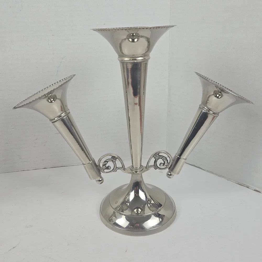 Vintage Silver-plated 3-Arm Trumpet Epergne Beaded Edge Vases 9.5x11